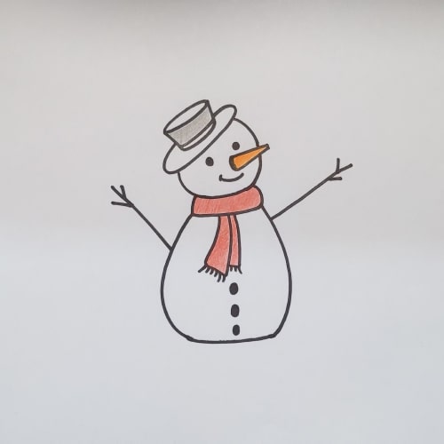 Snowman in a hat and scarf. Children's drawing with colored pencils Stock  Photo - Alamy