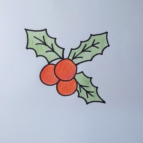 Finishing 'Holly Leaves Drawing' by colouring the berries