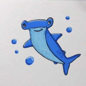 Hammerhead shark drawing step 8 – finished hammerhead shark drawing with blue bubbles around it