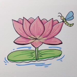 Finished beautiful lotus drawing for kids with lily pad and water