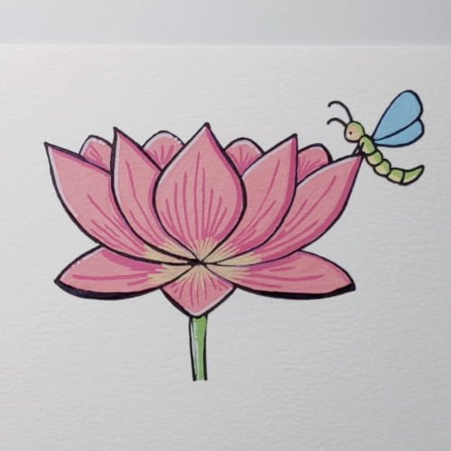 Lotus drawing with colored dragonfly and stem