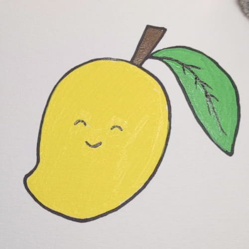 Mango drawing with green leaf and brown stem
