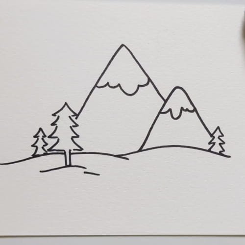 Mountain drawing with ground line and pine trees