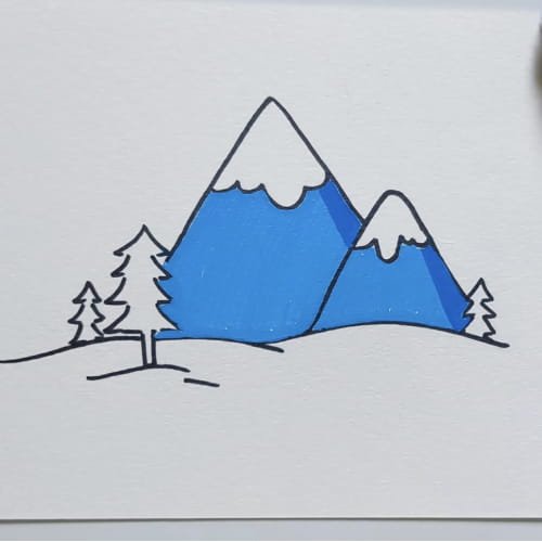 Mountain drawing with blue mountains colored