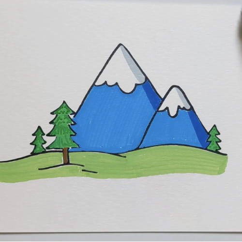 Mountain drawing with green hills and trees colored
