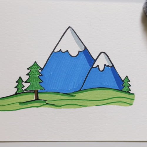Mountain drawing with green hills and trees colored
