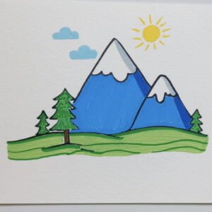 Finished easy mountain drawing for kids with sun and clouds