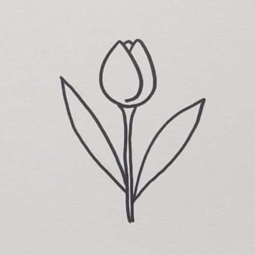 Tulip drawing for kids with two long leaves added on both sides of the stem.
