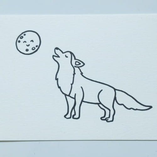 Wolf drawing step 7 – wolf drawing with moon added in the sky