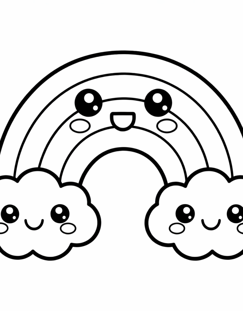 easy rainbow with clouds colouring page for kids