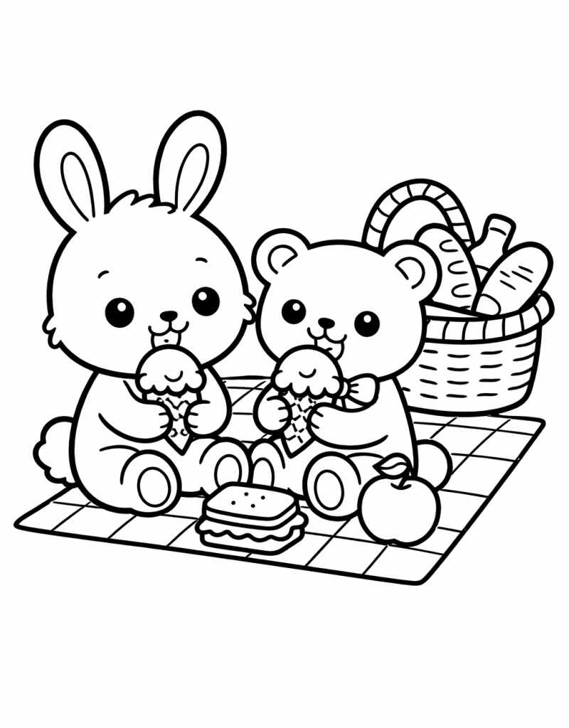 bunny bear colouring page picnic bunny rabbit teddy bear