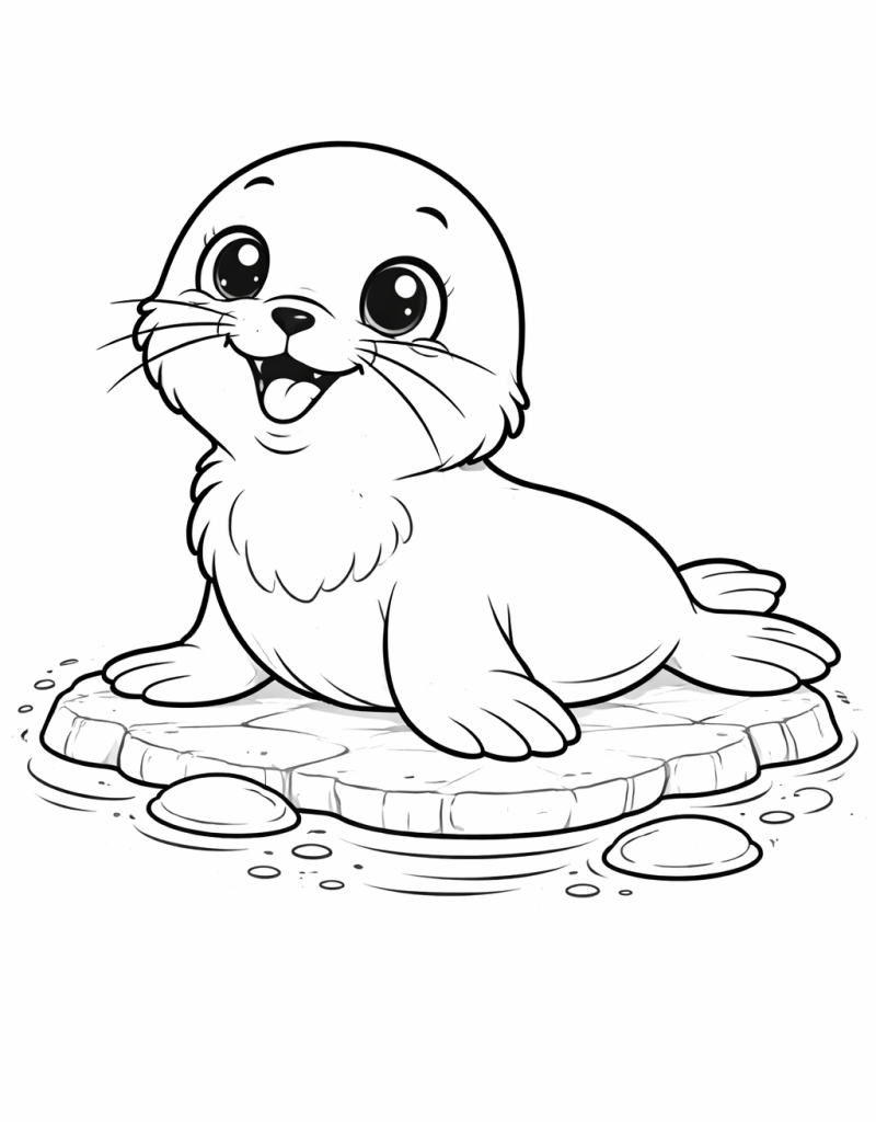 Cute baby seal colouring page for kids sitting on a rock in water