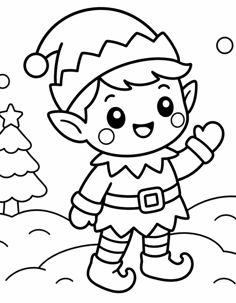 easy christmas elf colouring page with tree and snow