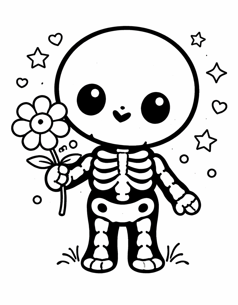 skeleton colouring page printable cute skeleton with flower